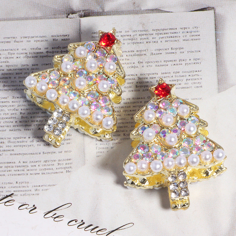 Wholesale 5pcs/pack Alloy Pearl Rhinestone Christmas Tree DIY  Straight Hole Beads